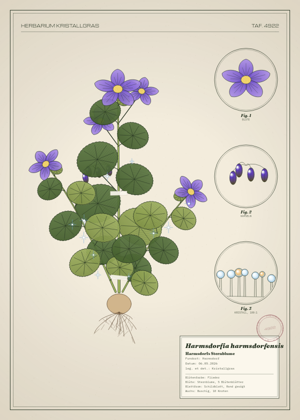 Botanische Tafel: Harmsdorfia harmsdorfensis, eine erfundene Pflanze aus Harmsdorf, gezeichnet wie in einem alten Pflanzenatlas