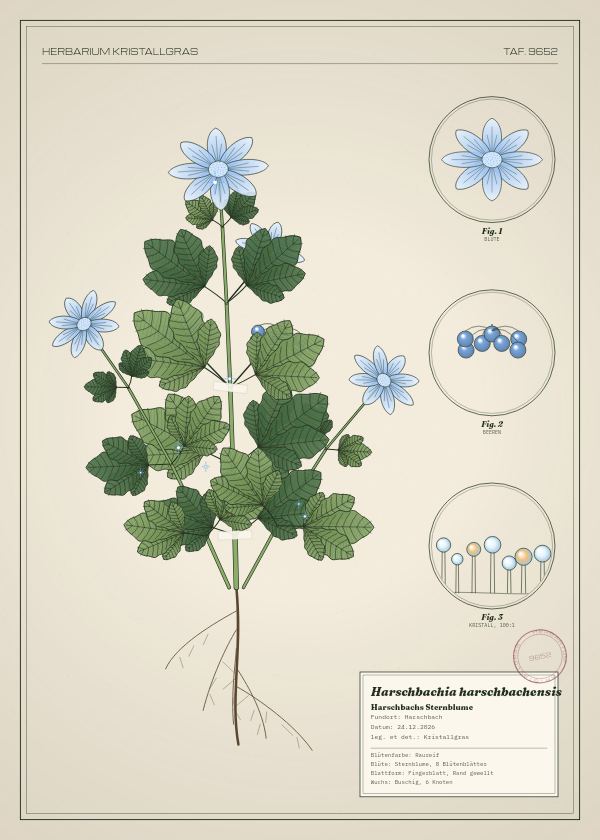 Botanische Tafel: Harschbachia harschbachensis, eine erfundene Pflanze aus Harschbach, gezeichnet wie in einem alten Pflanzenatlas