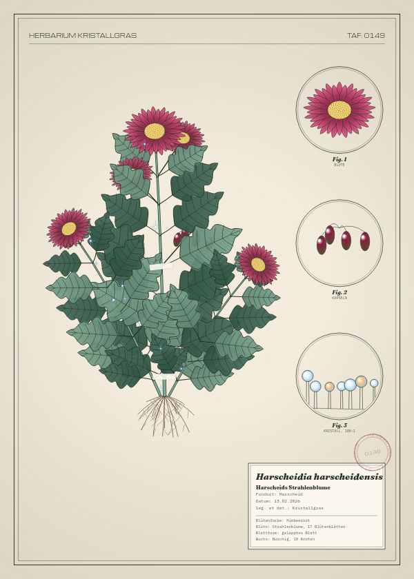 Botanische Tafel: Harscheidia harscheidensis, eine erfundene Pflanze aus Harscheid, gezeichnet wie in einem alten Pflanzenatlas