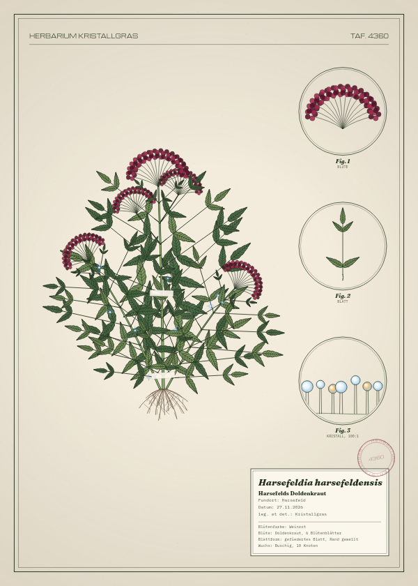 Botanische Tafel: Harsefeldia harsefeldensis, eine erfundene Pflanze aus Harsefeld, gezeichnet wie in einem alten Pflanzenatlas