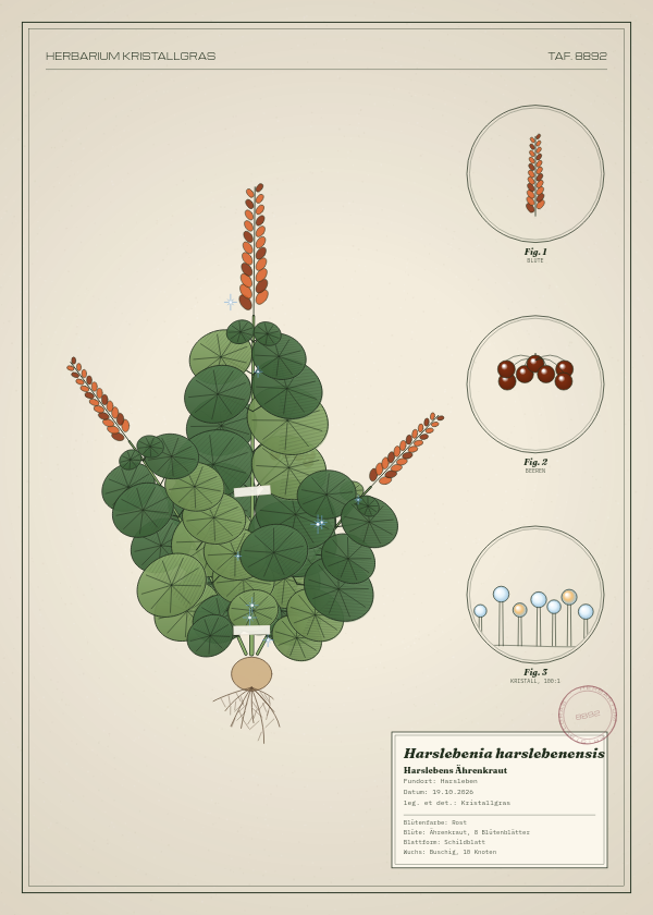 Botanische Tafel: Harslebenia harslebenensis, eine erfundene Pflanze aus Harsleben, gezeichnet wie in einem alten Pflanzenatlas