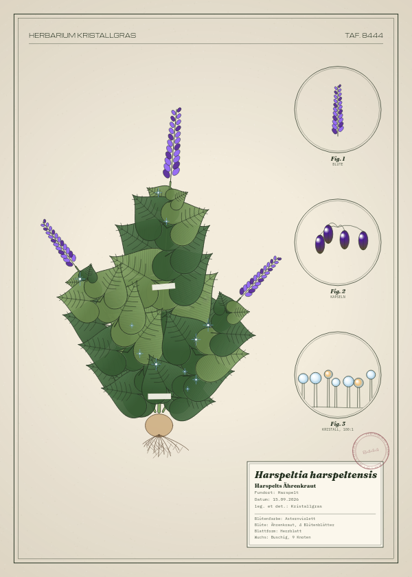 Botanische Tafel: Harspeltia harspeltensis, eine erfundene Pflanze aus Harspelt, gezeichnet wie in einem alten Pflanzenatlas