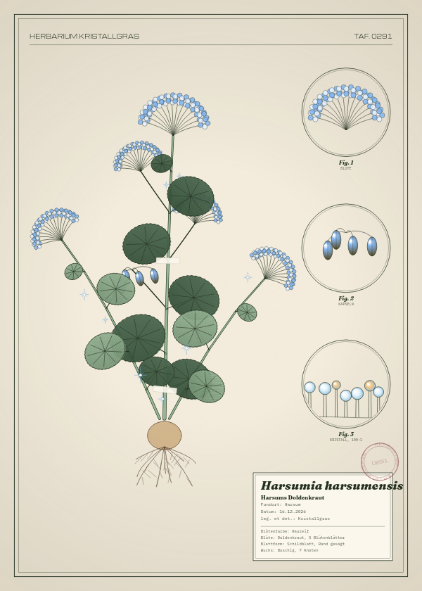Botanische Tafel: Harsumia harsumensis, eine erfundene Pflanze aus Harsum, gezeichnet wie in einem alten Pflanzenatlas