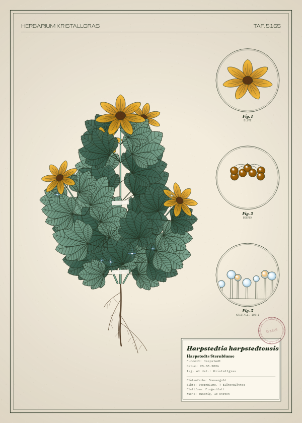 Botanische Tafel: Harpstedtia harpstedtensis, eine erfundene Pflanze aus Harpstedt, gezeichnet wie in einem alten Pflanzenatlas