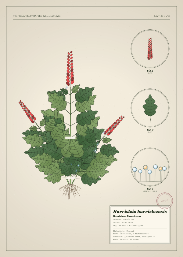 Botanische Tafel: Harrisleia harrisleensis, eine erfundene Pflanze aus Harrislee, gezeichnet wie in einem alten Pflanzenatlas