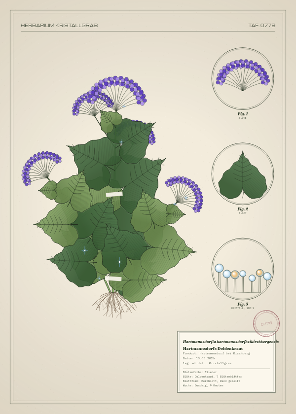 Botanische Tafel: Hartmannsdorfia hartmannsdorfbeikirchbergensis, eine erfundene Pflanze aus Hartmannsdorf bei Kirchberg, gezeichnet wie in einem alten Pflanzenatlas