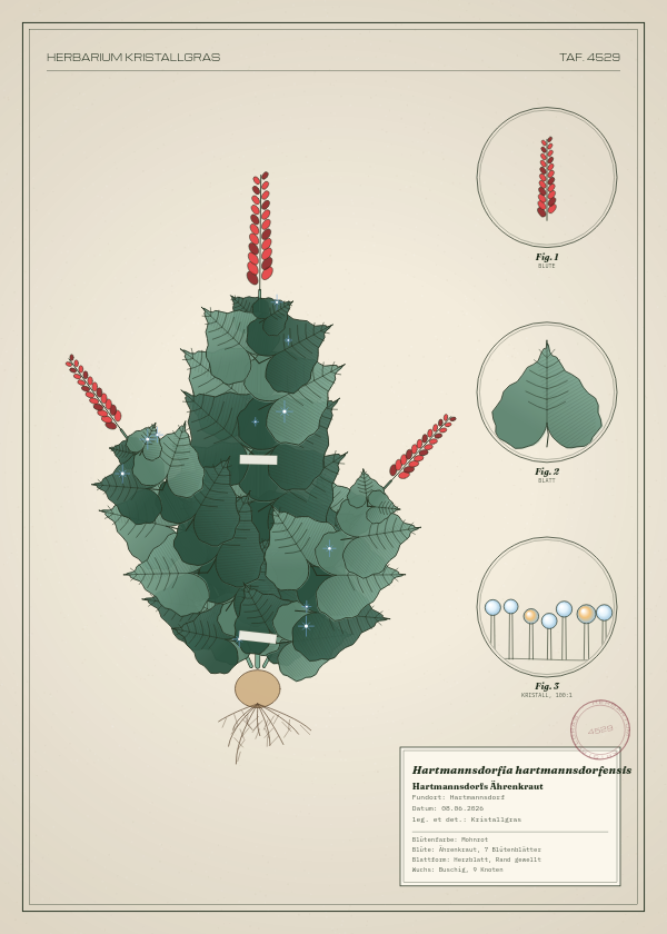 Botanische Tafel: Hartmannsdorfia hartmannsdorfensis, eine erfundene Pflanze aus Hartmannsdorf, gezeichnet wie in einem alten Pflanzenatlas