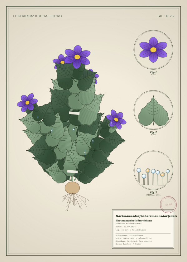 Botanische Tafel: Hartmannsdorfia hartmannsdorfensis, eine erfundene Pflanze aus Hartmannsdorf, gezeichnet wie in einem alten Pflanzenatlas