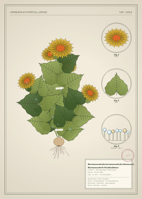 Botanische Tafel: Hartmannsdorfia hartmannsdorfreichenaensis, eine erfundene Pflanze aus Hartmannsdorf-Reichenau, gezeichnet wie in einem alten Pflanzenatlas