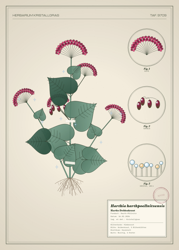 Botanische Tafel: Harthia harthpoellnitzensis, eine erfundene Pflanze aus Harth-Pöllnitz, gezeichnet wie in einem alten Pflanzenatlas
