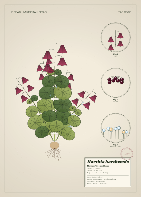Botanische Tafel: Harthia harthensis, eine erfundene Pflanze aus Hartha, gezeichnet wie in einem alten Pflanzenatlas