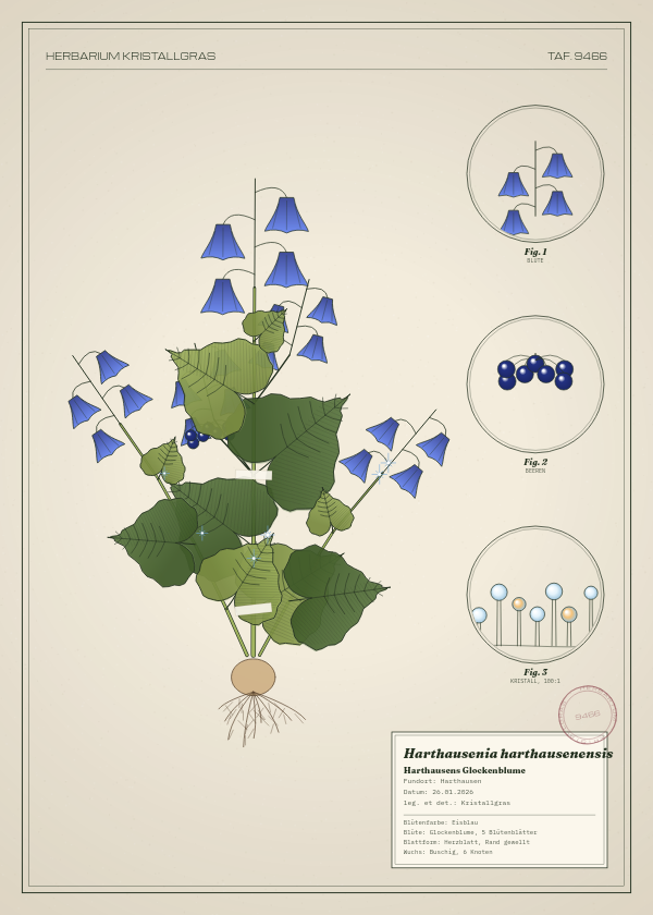 Botanische Tafel: Harthausenia harthausenensis, eine erfundene Pflanze aus Harthausen, gezeichnet wie in einem alten Pflanzenatlas