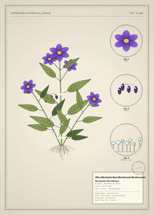 Botanische Tafel: Hartheimia hartheimamrheinensis, eine erfundene Pflanze aus Hartheim am Rhein, gezeichnet wie in einem alten Pflanzenatlas