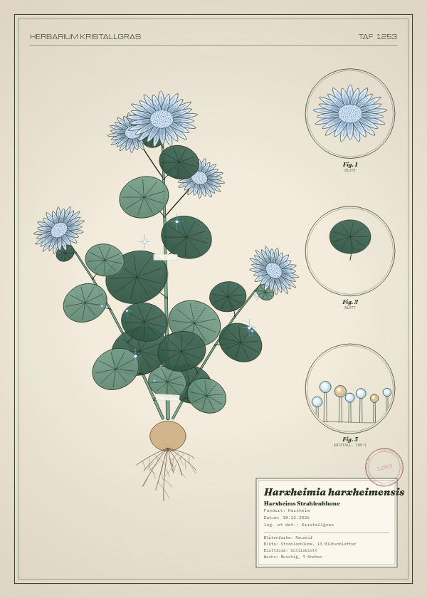 Botanische Tafel: Harxheimia harxheimensis, eine erfundene Pflanze aus Harxheim, gezeichnet wie in einem alten Pflanzenatlas