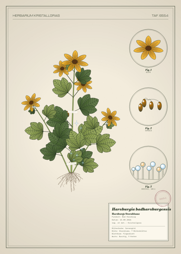 Botanische Tafel: Harzburgia badharzburgensis, eine erfundene Pflanze aus Bad Harzburg, gezeichnet wie in einem alten Pflanzenatlas