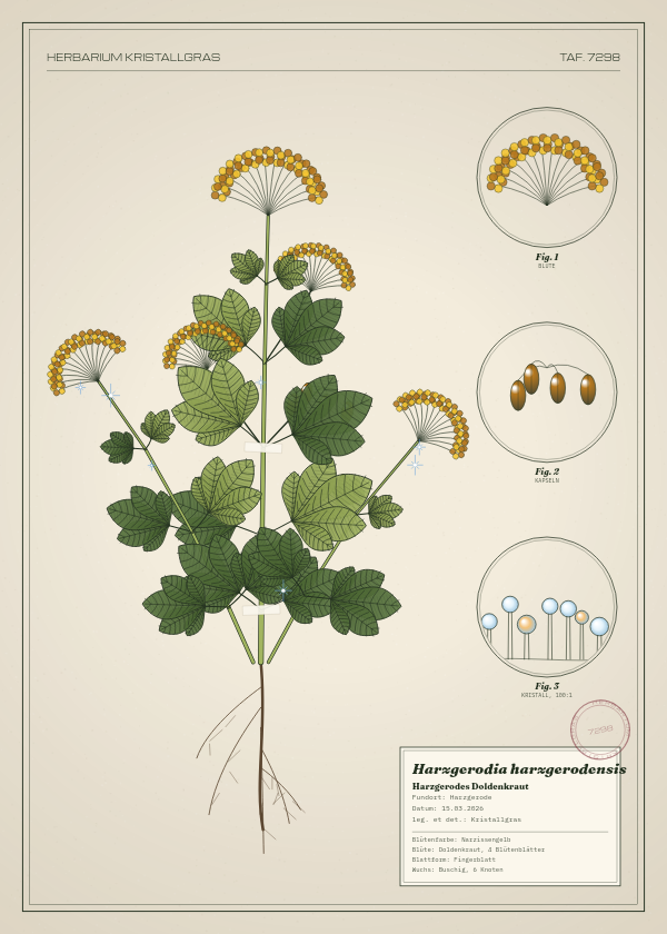 Botanische Tafel: Harzgerodia harzgerodensis, eine erfundene Pflanze aus Harzgerode, gezeichnet wie in einem alten Pflanzenatlas