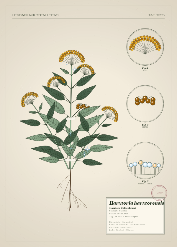 Botanische Tafel: Harztoria harztorensis, eine erfundene Pflanze aus Harztor, gezeichnet wie in einem alten Pflanzenatlas