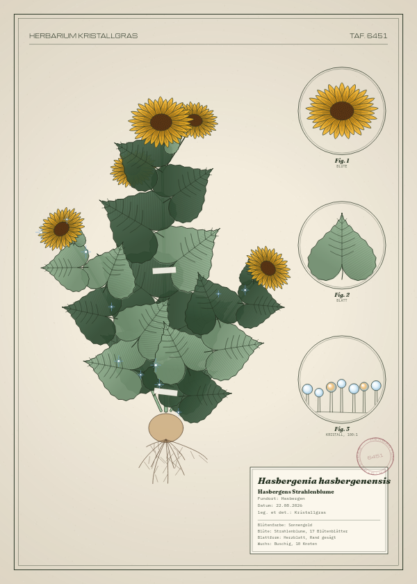 Botanische Tafel: Hasbergenia hasbergenensis, eine erfundene Pflanze aus Hasbergen, gezeichnet wie in einem alten Pflanzenatlas