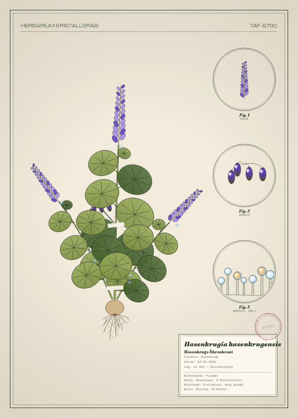 Botanische Tafel: Hasenkrugia hasenkrugensis, eine erfundene Pflanze aus Hasenkrug, gezeichnet wie in einem alten Pflanzenatlas