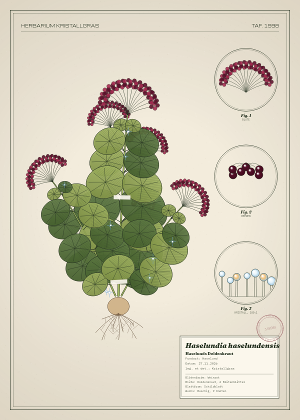 Botanische Tafel: Haselundia haselundensis, eine erfundene Pflanze aus Haselund, gezeichnet wie in einem alten Pflanzenatlas