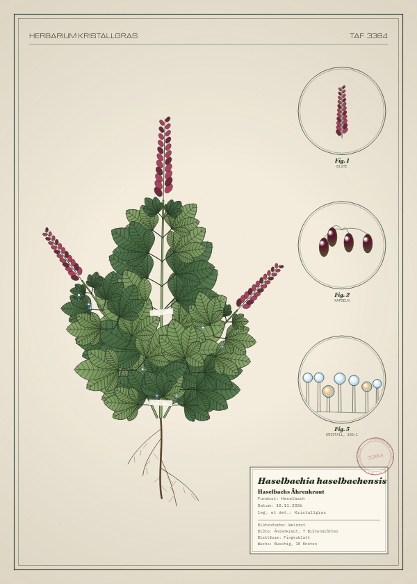 Botanische Tafel: Haselbachia haselbachensis, eine erfundene Pflanze aus Haselbach, gezeichnet wie in einem alten Pflanzenatlas