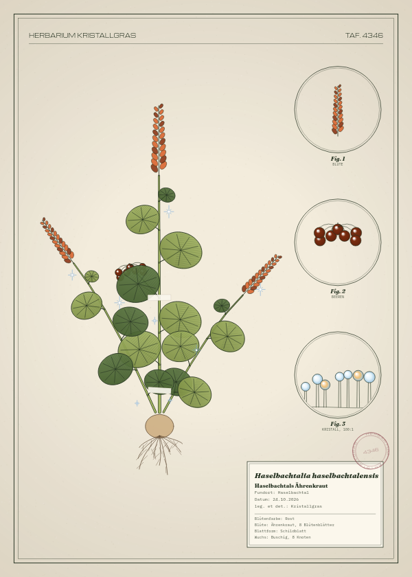 Botanische Tafel: Haselbachtalia haselbachtalensis, eine erfundene Pflanze aus Haselbachtal, gezeichnet wie in einem alten Pflanzenatlas