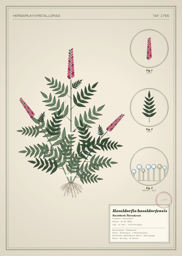 Botanische Tafel: Haseldorfia haseldorfensis, eine erfundene Pflanze aus Haseldorf, gezeichnet wie in einem alten Pflanzenatlas