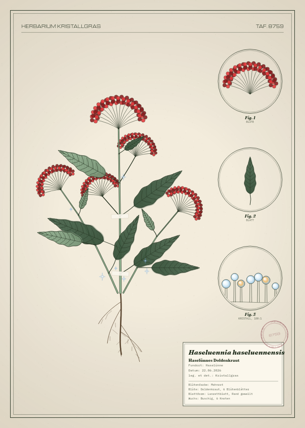 Botanische Tafel: Haseluennia haseluennensis, eine erfundene Pflanze aus Haselünne, gezeichnet wie in einem alten Pflanzenatlas