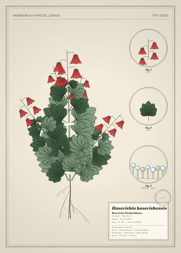 Botanische Tafel: Haserichia haserichensis, eine erfundene Pflanze aus Haserich, gezeichnet wie in einem alten Pflanzenatlas