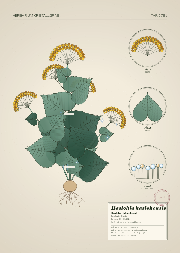 Botanische Tafel: Haslohia haslohensis, eine erfundene Pflanze aus Hasloh, gezeichnet wie in einem alten Pflanzenatlas