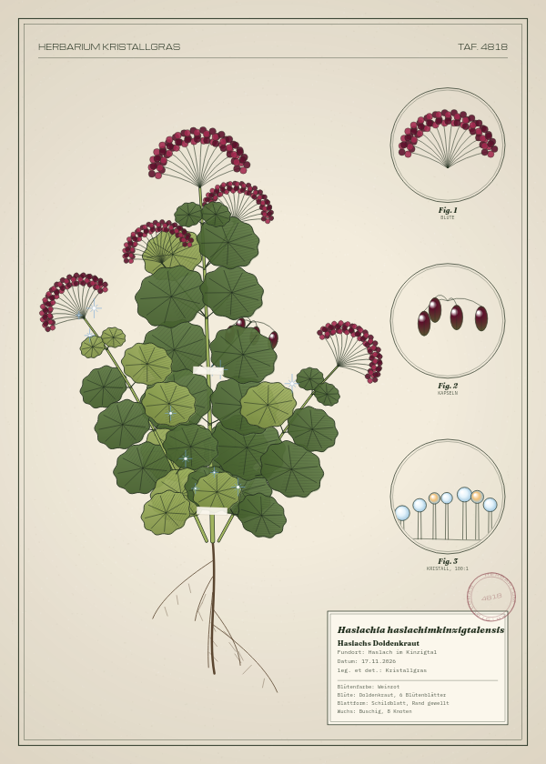 Botanische Tafel: Haslachia haslachimkinzigtalensis, eine erfundene Pflanze aus Haslach im Kinzigtal, gezeichnet wie in einem alten Pflanzenatlas