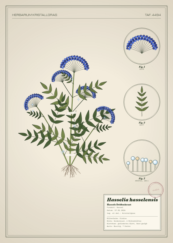 Botanische Tafel: Hasselia hasselensis, eine erfundene Pflanze aus Hassel, gezeichnet wie in einem alten Pflanzenatlas