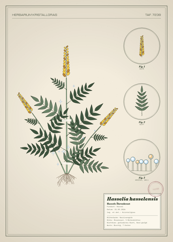 Botanische Tafel: Hasselia hasselensis, eine erfundene Pflanze aus Hassel, gezeichnet wie in einem alten Pflanzenatlas
