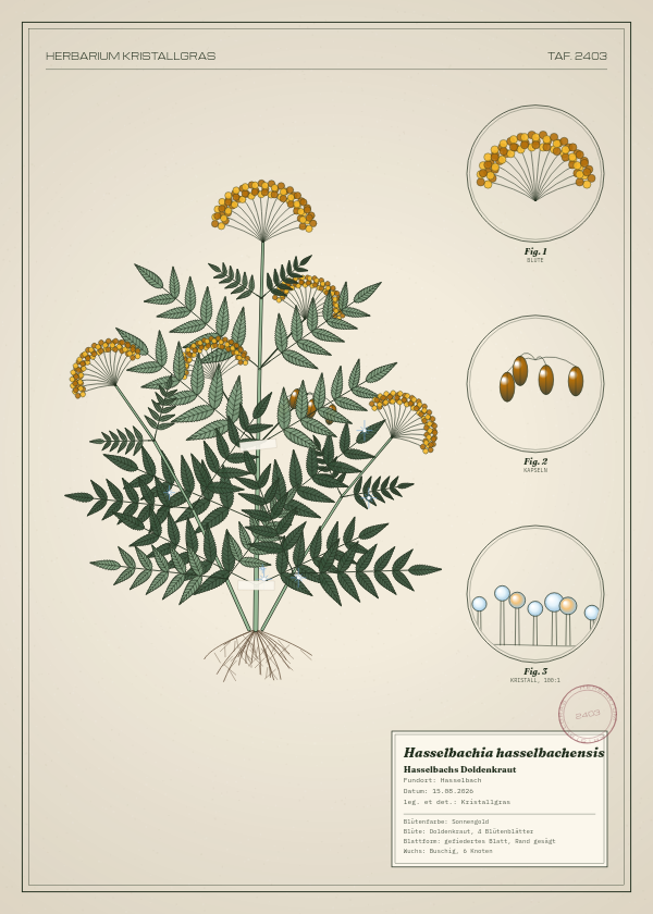 Botanische Tafel: Hasselbachia hasselbachensis, eine erfundene Pflanze aus Hasselbach, gezeichnet wie in einem alten Pflanzenatlas