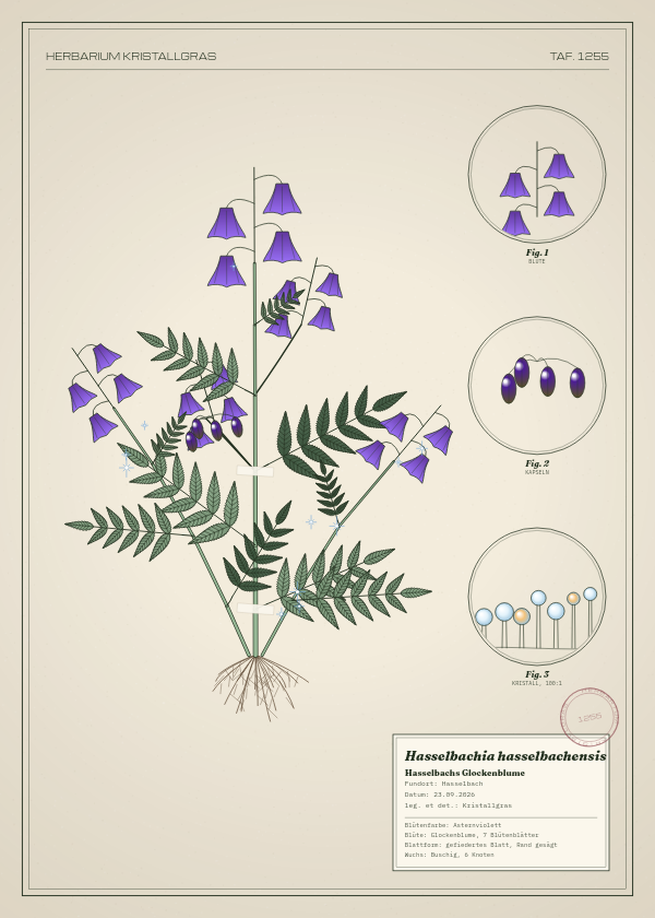 Botanische Tafel: Hasselbachia hasselbachensis, eine erfundene Pflanze aus Hasselbach, gezeichnet wie in einem alten Pflanzenatlas