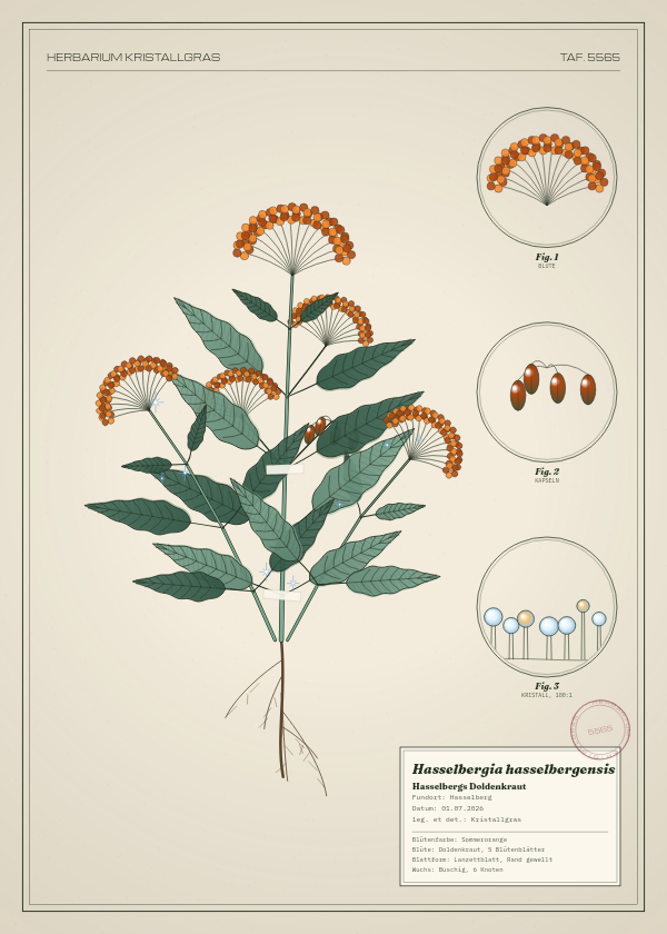 Botanische Tafel: Hasselbergia hasselbergensis, eine erfundene Pflanze aus Hasselberg, gezeichnet wie in einem alten Pflanzenatlas