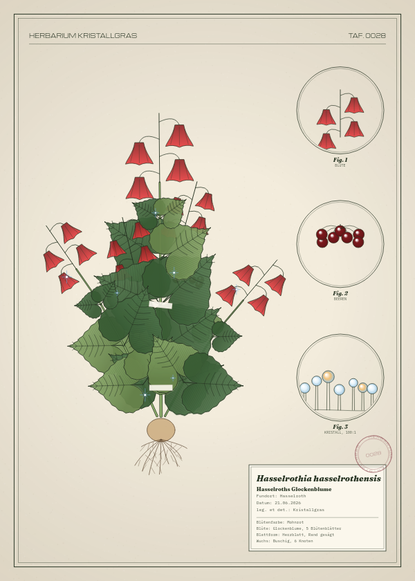 Botanische Tafel: Hasselrothia hasselrothensis, eine erfundene Pflanze aus Hasselroth, gezeichnet wie in einem alten Pflanzenatlas