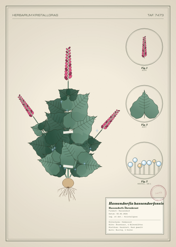 Botanische Tafel: Hassendorfia hassendorfensis, eine erfundene Pflanze aus Hassendorf, gezeichnet wie in einem alten Pflanzenatlas