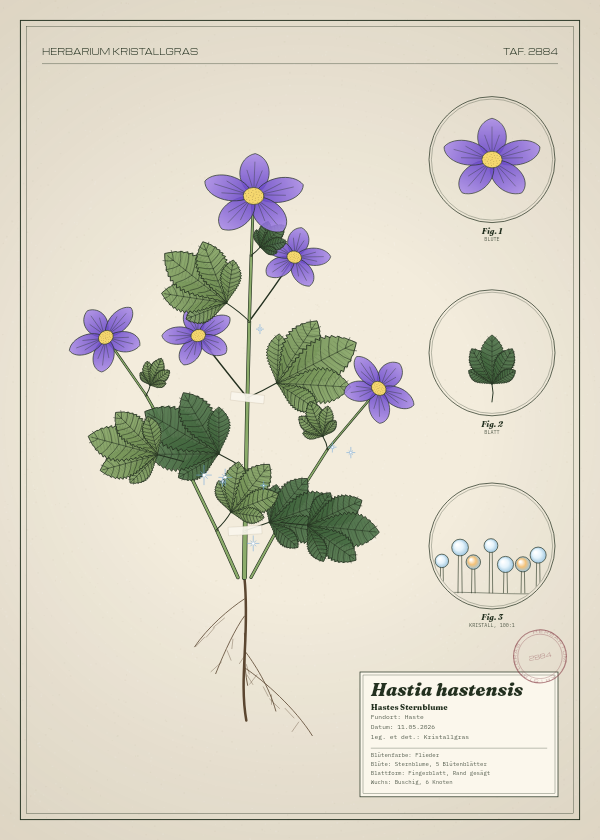 Botanische Tafel: Hastia hastensis, eine erfundene Pflanze aus Haste, gezeichnet wie in einem alten Pflanzenatlas