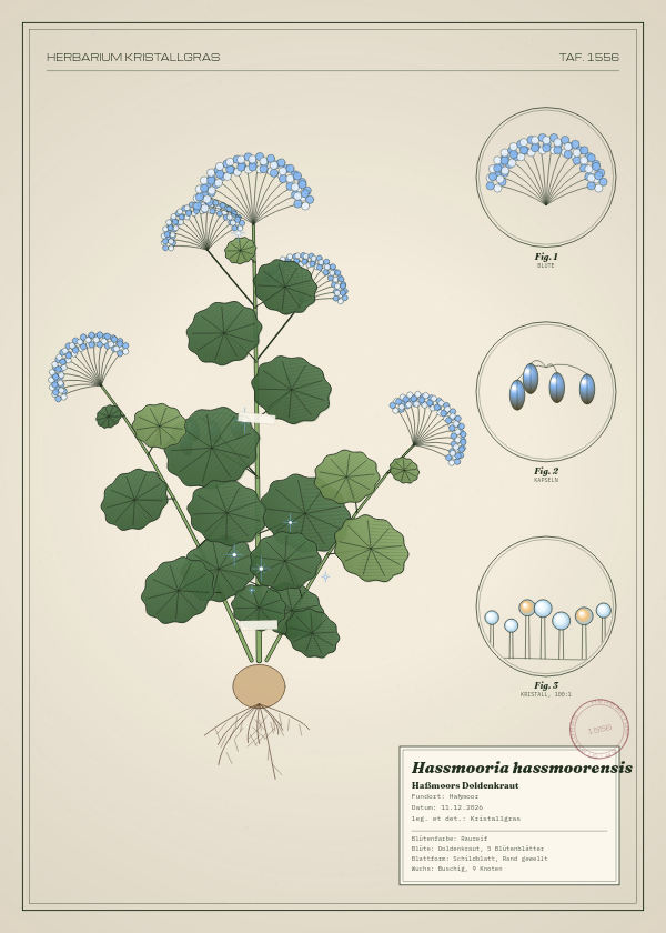 Botanische Tafel: Hassmooria hassmoorensis, eine erfundene Pflanze aus Haßmoor, gezeichnet wie in einem alten Pflanzenatlas