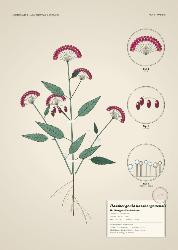 Botanische Tafel: Hassbergenia hassbergenensis, eine erfundene Pflanze aus Haßbergen, gezeichnet wie in einem alten Pflanzenatlas