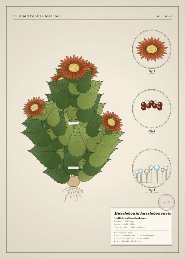 Botanische Tafel: Hasslebenia hasslebenensis, eine erfundene Pflanze aus Haßleben, gezeichnet wie in einem alten Pflanzenatlas