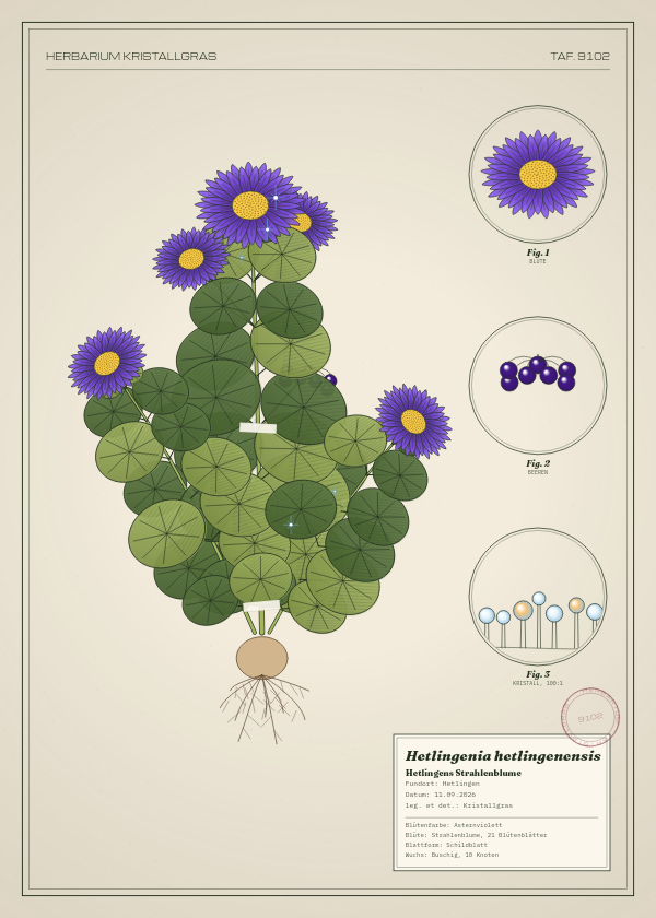 Botanische Tafel: Hetlingenia hetlingenensis, eine erfundene Pflanze aus Hetlingen, gezeichnet wie in einem alten Pflanzenatlas