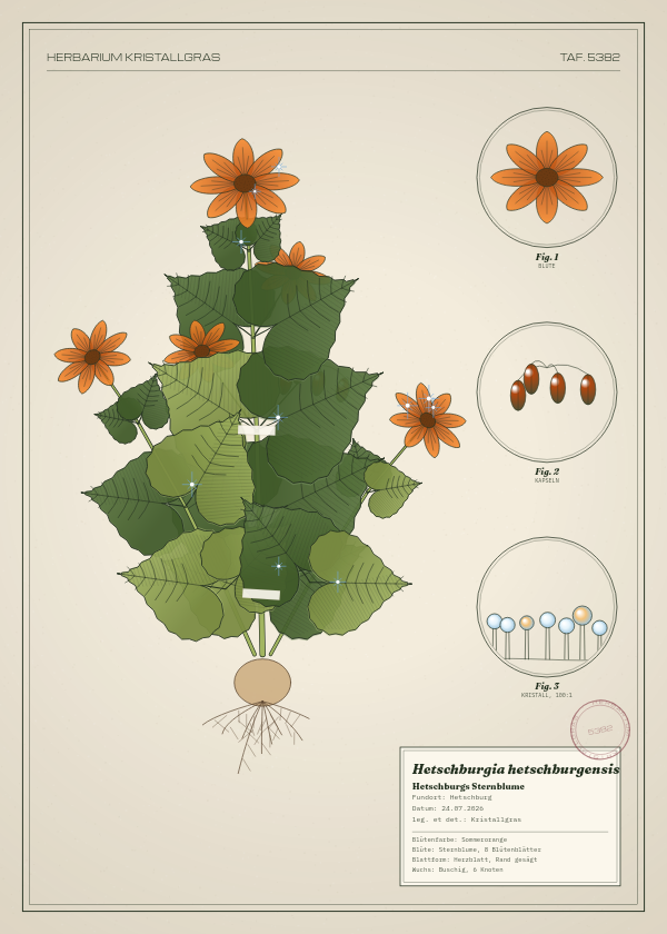 Botanische Tafel: Hetschburgia hetschburgensis, eine erfundene Pflanze aus Hetschburg, gezeichnet wie in einem alten Pflanzenatlas