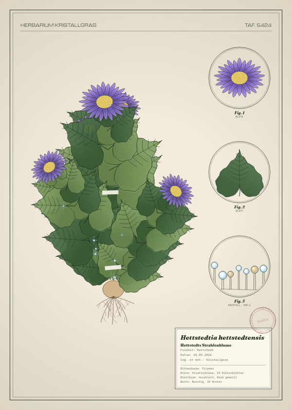 Botanische Tafel: Hettstedtia hettstedtensis, eine erfundene Pflanze aus Hettstedt, gezeichnet wie in einem alten Pflanzenatlas