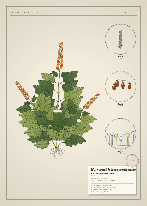 Botanische Tafel: Hetzerathia hetzerathensis, eine erfundene Pflanze aus Hetzerath, gezeichnet wie in einem alten Pflanzenatlas