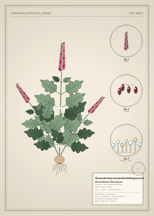 Botanische Tafel: Heuchelheimia heuchelheimklingenensis, eine erfundene Pflanze aus Heuchelheim-Klingen, gezeichnet wie in einem alten Pflanzenatlas