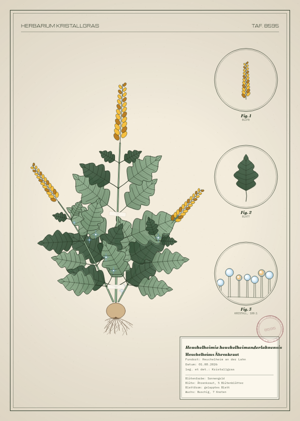 Botanische Tafel: Heuchelheimia heuchelheimanderlahnensis, eine erfundene Pflanze aus Heuchelheim an der Lahn, gezeichnet wie in einem alten Pflanzenatlas