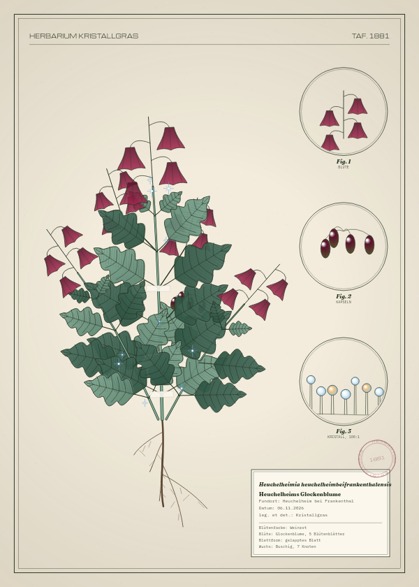 Botanische Tafel: Heuchelheimia heuchelheimbeifrankenthalensis, eine erfundene Pflanze aus Heuchelheim bei Frankenthal, gezeichnet wie in einem alten Pflanzenatlas