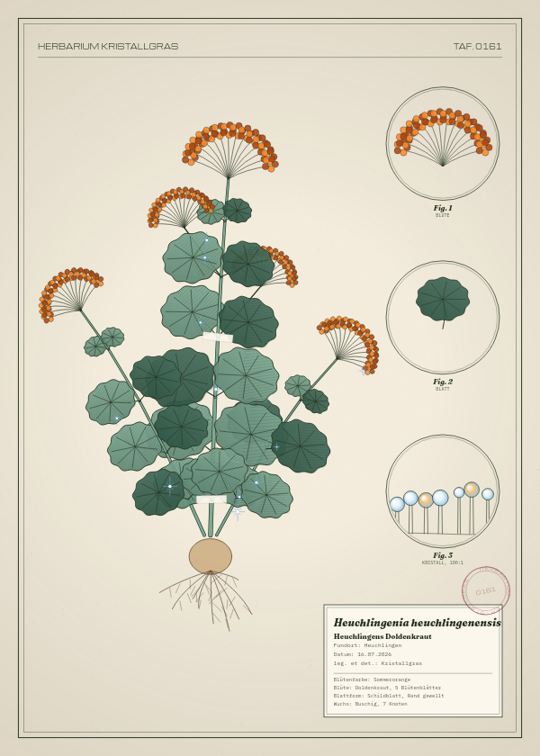 Botanische Tafel: Heuchlingenia heuchlingenensis, eine erfundene Pflanze aus Heuchlingen, gezeichnet wie in einem alten Pflanzenatlas
